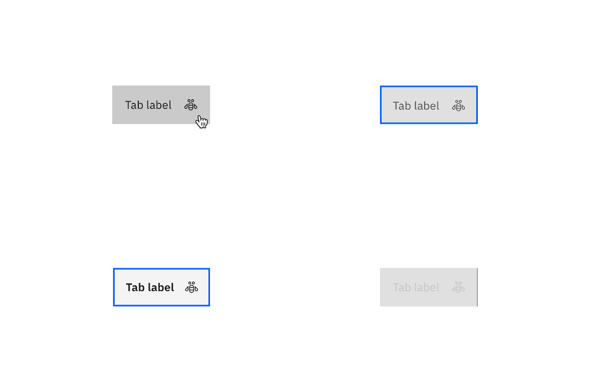 Hover, focus-enabled, focus-selected, and disabled states for contained
tabs. Hover, focus-enabled, focus-selected, and disabled states for contained
tabs.