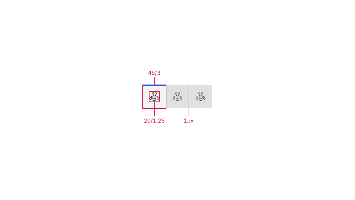 Structure and spacing measurements for icon-only contained tabs in px and
rem Structure and spacing measurements for icon-only contained tabs in px and
rem