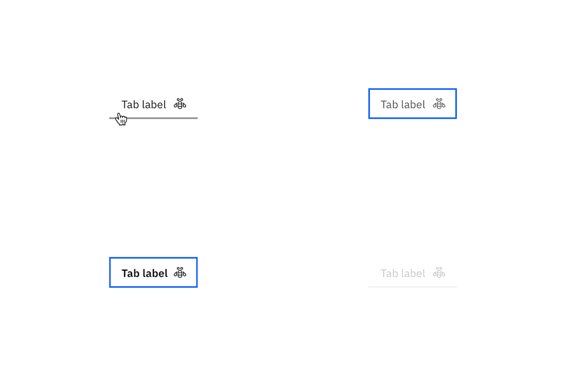 Examples of hover, focus-unselected, focus-selected, and disabled states Examples of hover, focus-unselected, focus-selected, and disabled states